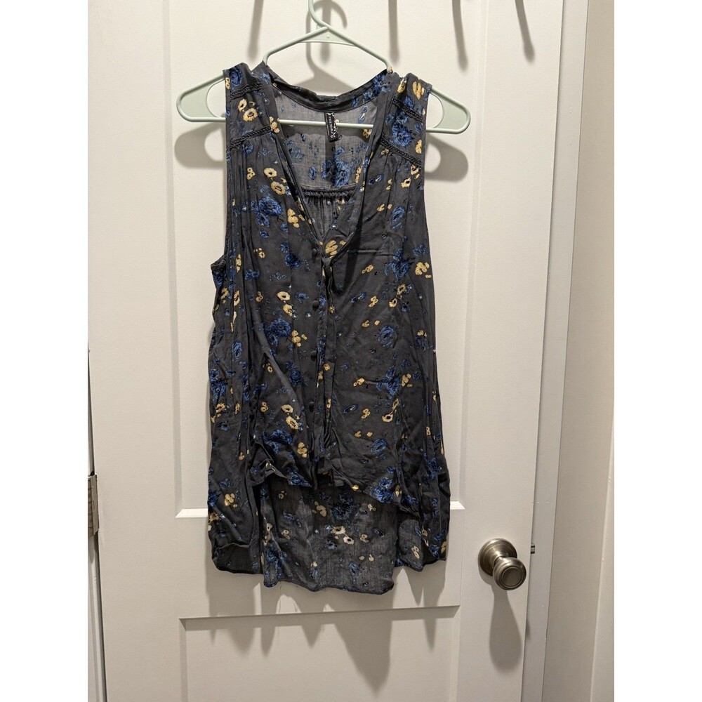 FREE PEOPLE Sleeveless Blouse Women M Hi-Low Ribbon BOHO Tunic Floral Rayon Gray